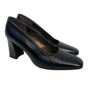 VTG Etienne Aigner Heels Womens 7.5 Black Leather Pumps Square Toe Chunky Heel